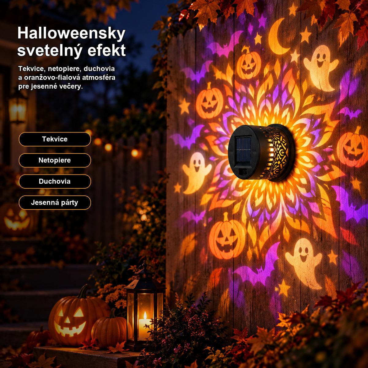 Halloweensky svetelný efekt s tekvicami a duchmi