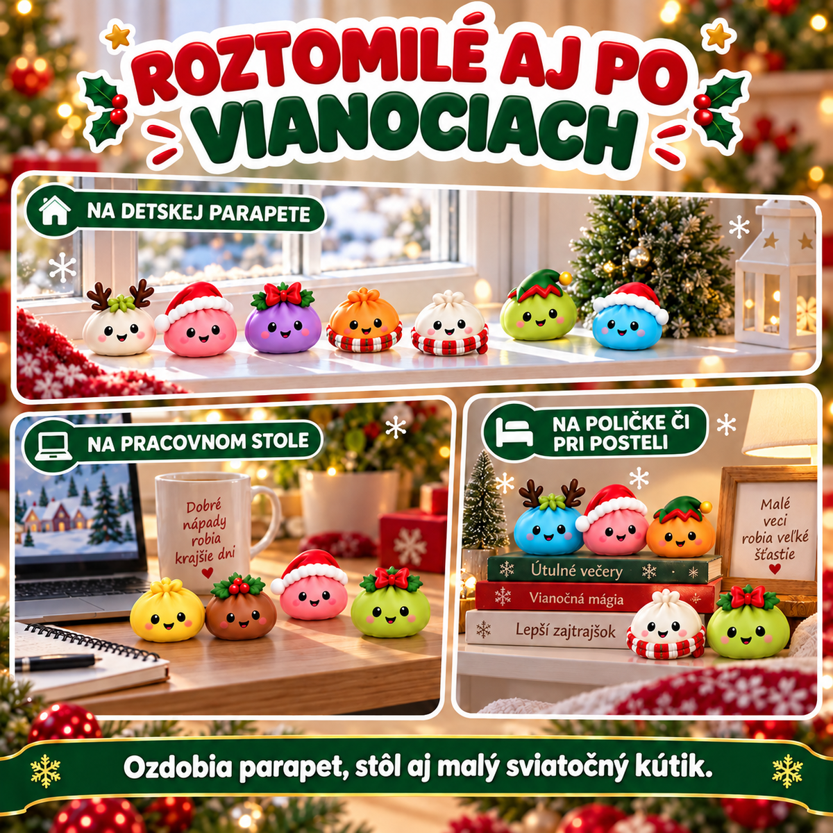 Vianočné figúrky na parapete, stole a poličke