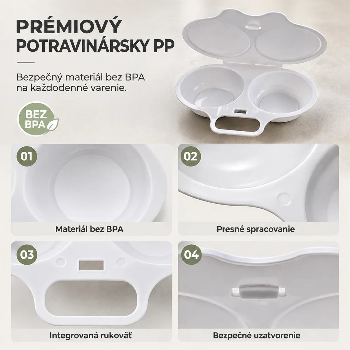 Potravinársky PP bez BPA a konštrukčné detaily variča vajec