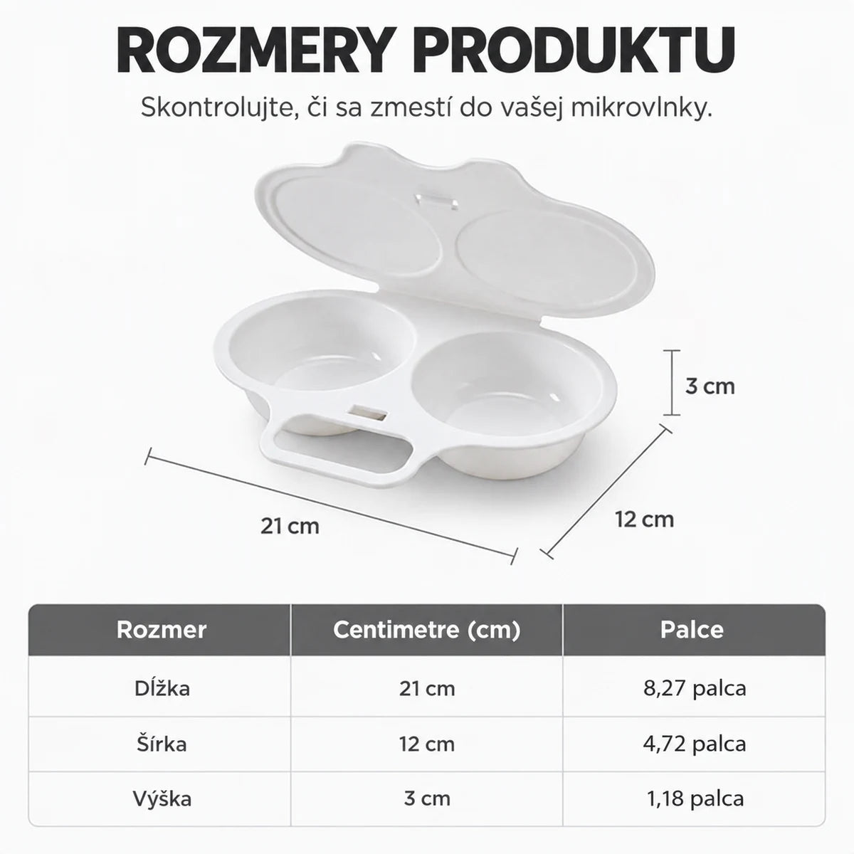 Rozmery mikrovlnného variča vajec 21 × 12 × 3 cm