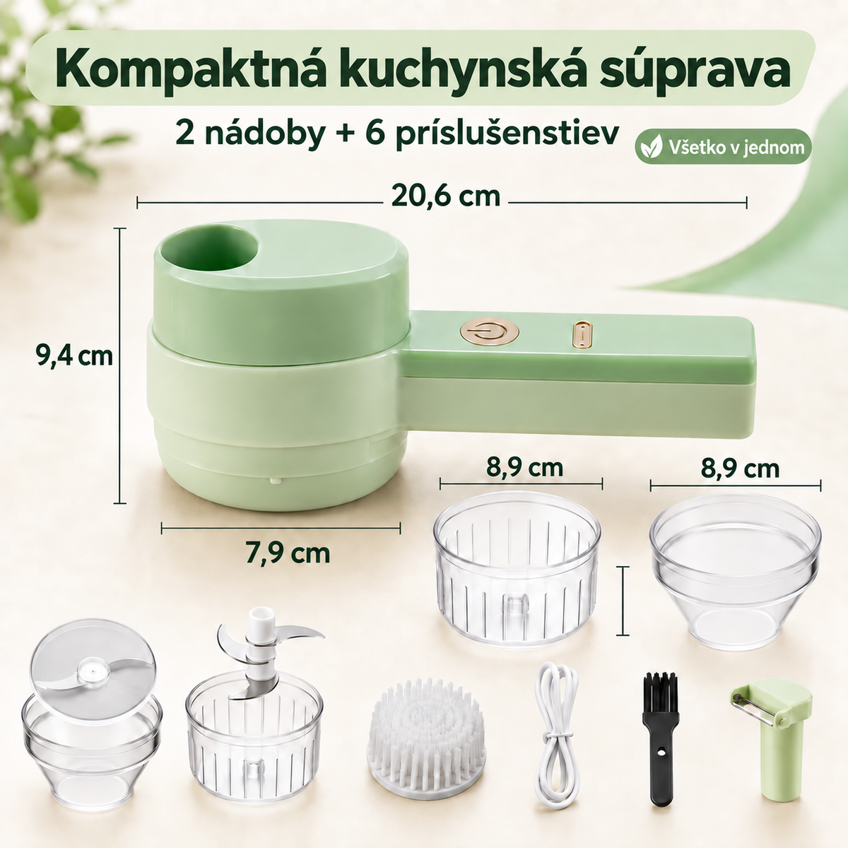 Kompletná súprava ručného elektrického sekáčika s príslušenstvom a rozmermi