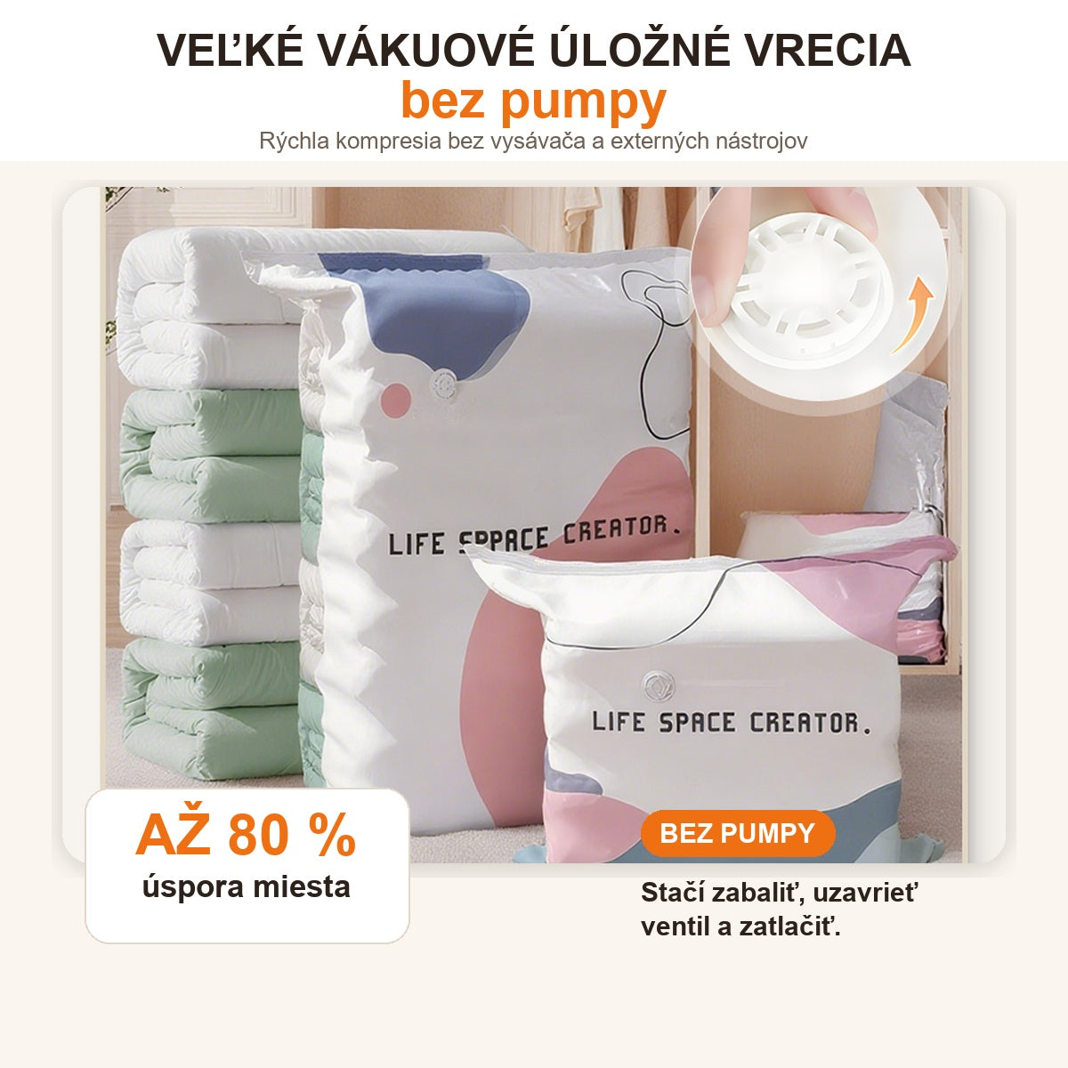 Vákuové úložné kompresné vrece bez pumpy