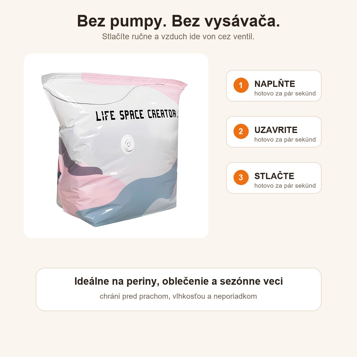 Vákuové úložné kompresné vrece bez pumpy
