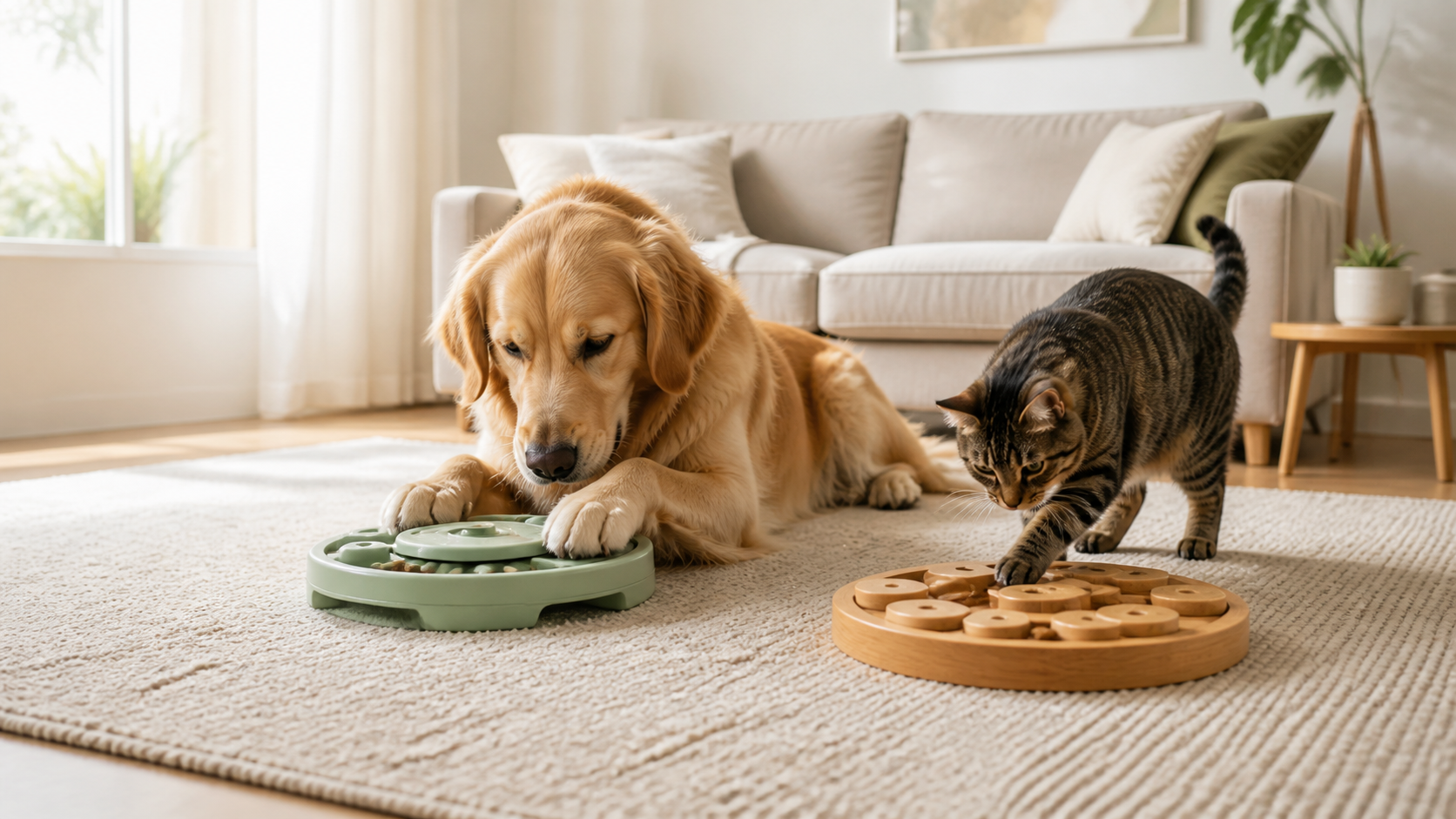 Dog and cat playing with enrichment pet toys in a warm living room